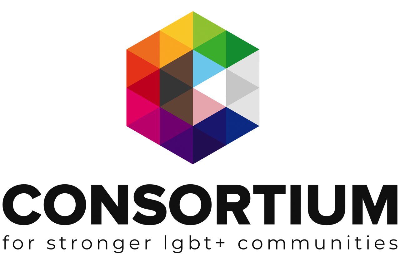 Consortium's inclusive logo with colourful triangles in the colours of the inclusive LGBT+ flag colours